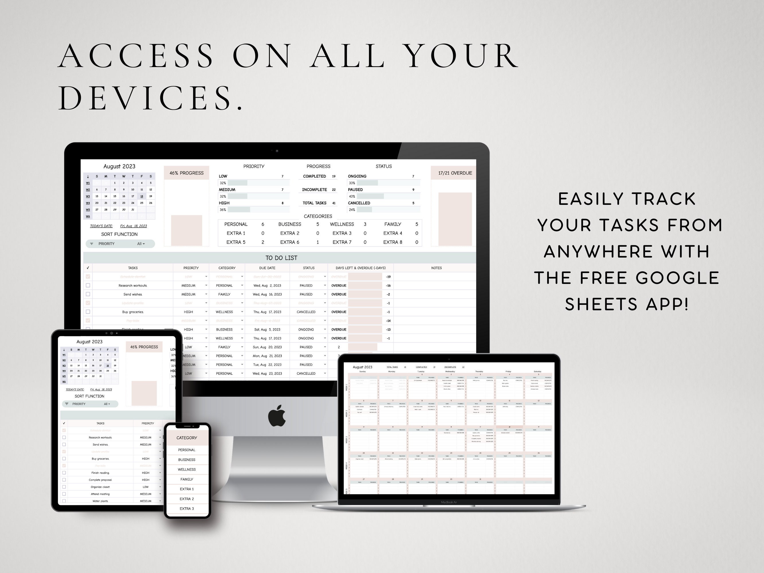 To-do List and Smart Calendar Spreadsheet Template Google Sheets | Task ...
