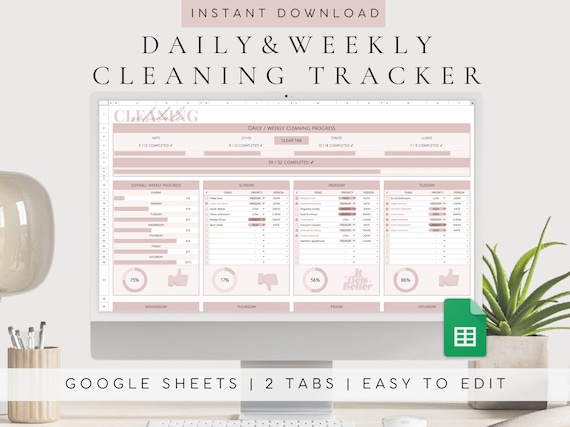 Google Spreadsheet Cleaning Checklists| Weekly House Chores| Clean Home Routine Planner| Monthly Cleaning Tracker| Family Home Cleaning List
