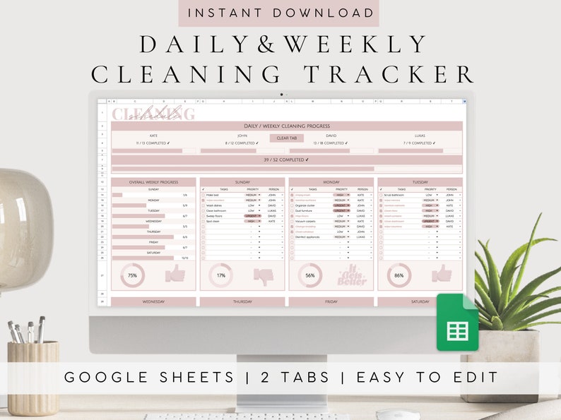 May include: A computer screen displaying a Google Sheets spreadsheet with a pink and white color scheme. The spreadsheet is a cleaning tracker with tabs for daily and weekly progress. The text "CLEAXING" is visible in the top left corner of the spreadsheet. The text "DAILY & WEEKLY CLEANING TRACKER" is visible at the top of the screen. The text "GOOGLE SHEETS | 2 TABS | EASY TO EDIT" is visible at the bottom of the screen.