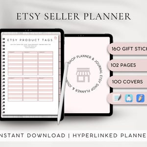 May include: A digital planner for Etsy sellers with a pink and white color scheme. The planner includes 100 covers, 102 pages, and 160 gift stickers. The planner is designed to help Etsy sellers organize their business and track their progress.