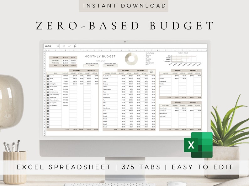 Zerobased Budget Excel Template Monthly Budget Template Etsy