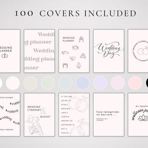 May include: A collection of 100 wedding planner cover designs. The covers feature various illustrations and text, including "Wedding Planner", "Wedding Day", "Wedding Itinerary & Budget", and "Love Recognizes No Barriers".
