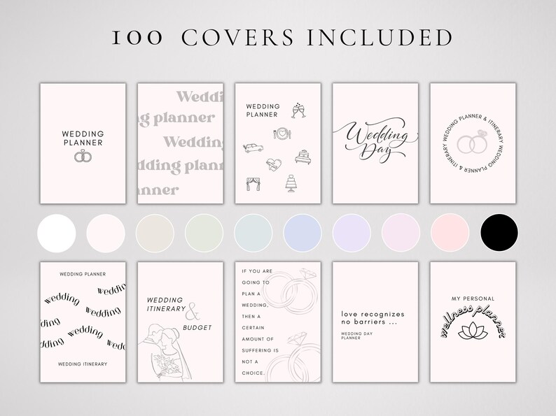May include: A collection of 100 wedding planner cover designs. The covers feature various illustrations and text, including "Wedding Planner", "Wedding Day", "Wedding Itinerary & Budget", and "Love Recognizes No Barriers".