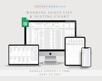 May include: A digital wedding guest list and seating chart template displayed on a desktop computer, laptop, tablet, and smartphone. The screen shows a spreadsheet with columns for guest names, contact information, and seating assignments in Google Sheets.