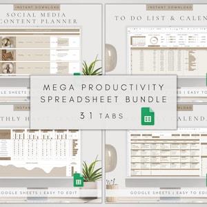May include: A digital productivity spreadsheet bundle for Google Sheets with 31 tabs, including a social media content planner, to-do list and calendar, and a monthly habit tracker. The bundle is designed to help users stay organized and productive.