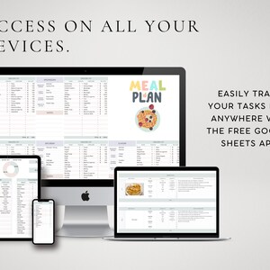 May include: A digital meal planner on a computer, tablet, and phone. The planner is titled "Meal Plan" and features a colorful illustration of pancakes with berries. The text "EASILY TRACK YOUR TASKS FROM ANYWHERE WITH THE FREE GOOGLE SHEETS APP!" is displayed on the right side of the image.