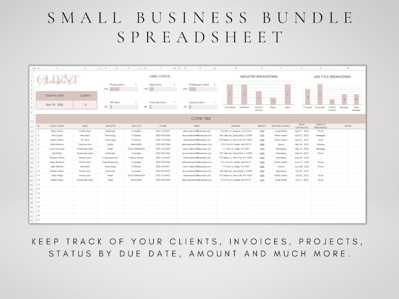 May include: A spreadsheet template for small businesses to keep track of clients, invoices, projects, and status by due date, amount, and more. The spreadsheet includes columns for client name, label status, industry, job title, phone, email, address, website, referral source, notes, and contact preferences.