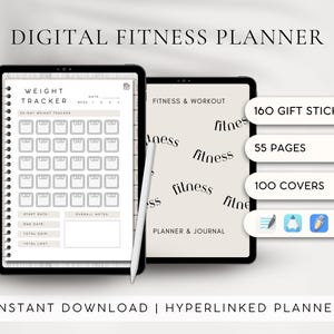 Op de afbeelding: Digitale fitnessplanner met een gewichtsregistratie, een fitness- en trainingsplanner en een dagboek. De planner bevat 160 cadeau stickers, 55 pagina's en 100 covers.