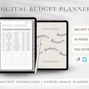 May include: A digital budget planner with a light brown background. The planner has a tab that says "JANUARY EXPENSES" and a section that says "BUDGET PLANNER". The planner also has a section that says "SAVING TRACKER". The planner is on a white background. The text "160 GIFT STICKERS", "43 PAGES", and "100 COVERS" is also visible. The text "INSTANT DOWNLOAD | HYPERLINKED PLANNER" is at the bottom of the image.