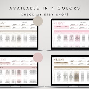 May include: Four screenshots of a computer screen displaying a spreadsheet with the word "CLIENT" in a stylized font at the top. The spreadsheet is a client tracker with columns for client name, label, location, job title, phone, and notes. The screenshots show four different color schemes: beige, pink, light pink, and dark pink.
