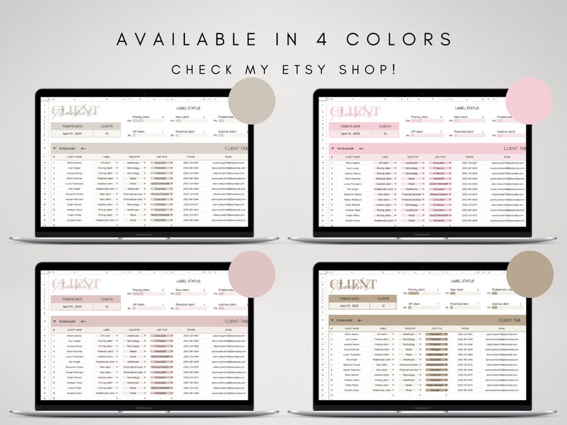 May include: Four screenshots of a computer screen displaying a spreadsheet with the word "CLIENT" in a stylized font at the top. The spreadsheet is a client tracker with columns for client name, label, location, job title, phone, and notes. The screenshots show four different color schemes: beige, pink, light pink, and dark pink.