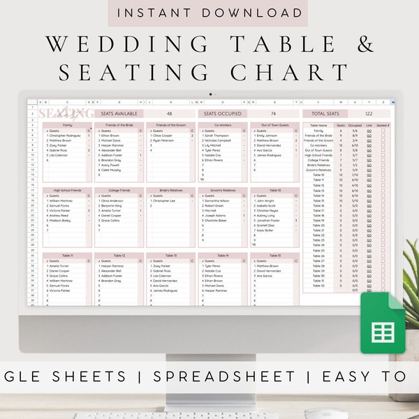 Wedding Seating Chart Template | Digital Wedding Table Numbers List | Wedding Guest Planning Spreadsheet  Seating Chart for Wedding Planning