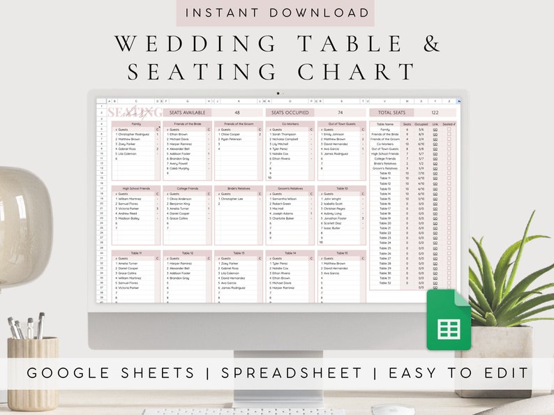 Wedding Seating Chart Template Digital Wedding Table Numbers List Wedding Guest Planning Spreadsheet Seating Chart for Wedding Planning image 1