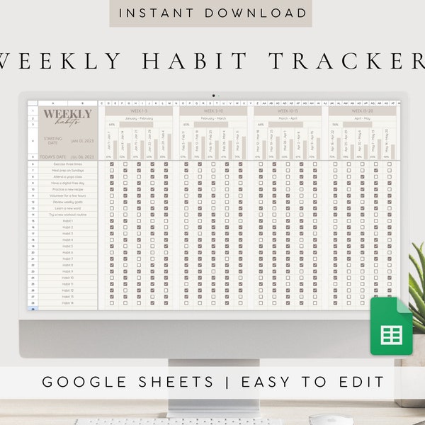 Digital Weekly Habit Tracker Spreadsheet | Google Sheets Productivity Template | Daily Habit Tracker| Weekly Habit Dashboard | Goal Planner