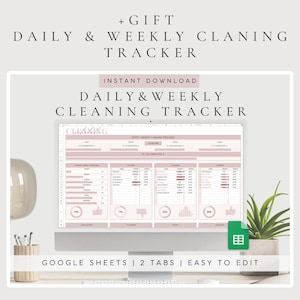 May include: A digital daily and weekly cleaning tracker template for Google Sheets displayed on a computer monitor. The interface features a soft pink colour scheme with organised columns, progress bars, and percentage charts for household tasks.