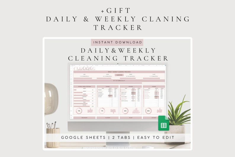 May include: A digital daily and weekly cleaning tracker template for Google Sheets displayed on a computer monitor. The interface features a soft pink colour scheme with organised columns, progress bars, and percentage charts for household tasks.