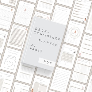 May include: A printable self-confidence planner with 40 pages. The planner includes sections for tracking sleep, mood, affirmations, goals, and more. The cover is white with the text "Self-Confidence Planner" in black.