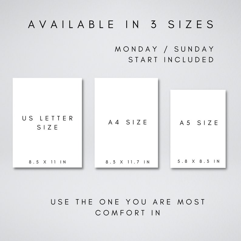 K&ouml;nnte beinhalten: Drei wei&szlig;e Karten mit schwarzem Text, die die verschiedenen Gr&ouml;&szlig;en f&uuml;r einen druckbaren Planer zeigen: US Letter (8,5 x 11 Zoll), A4 (8,3 x 11,7 Zoll) und A5 (5,8 x 8,3 Zoll). Der Text "Monday / Sunday Start Included" befindet sich oben im Bild.