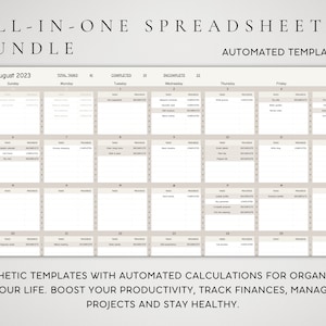 May include: An all-in-one spreadsheet bundle with automated templates. The calendar-style layout is for August 2023, with sections for tasks, progress, and completion status. Text includes "Aesthetic templates with automated calculations for organizing your life."