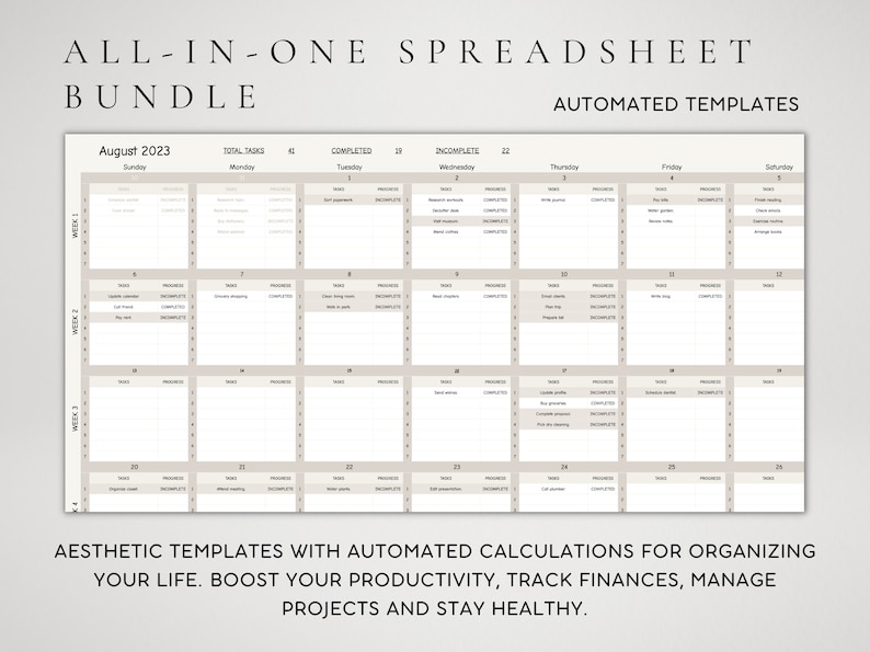 May include: An all-in-one spreadsheet bundle with automated templates. The calendar-style layout is for August 2023, with sections for tasks, progress, and completion status. Text includes "Aesthetic templates with automated calculations for organizing your life."