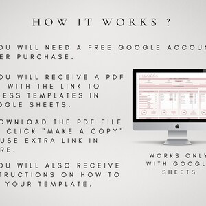 May include: A computer screen displaying a Google Sheet template with the text "Relaxing" at the top. The text "HOW IT WORKS?" is displayed on the left side of the image with instructions on how to access the template. The text "WORKS ONLY WITH GOOGLE SHEETS" is displayed on the right side of the image.
