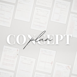 May include: A collection of printable self-care planner pages with the word "CONCEPT plan" in white text on a gray background.