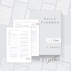 May include: A printable daily planner template with a light gray background. The planner includes sections for daily tasks, schedule, top work priorities, personal to-do list, things to remember, gratitude, daily meal, exercise, mood, water intake, and more. The text "DAILY PLANNER" is at the top of the page. The text "MADE IN Canva" and "2 PAGES" are at the bottom of the page. The text "CONCEPT plan" is at the bottom of the page.