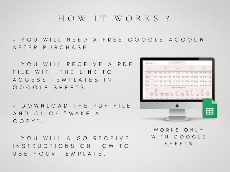 Op de afbeelding: Een computerscherm waarop een Google Sheets-spreadsheet wordt weergegeven met de tekst "ANNUAL" in de linkerbovenhoek. De tekst "HOW IT WORKS?" wordt boven het computerscherm weergegeven. De tekst "YOU WILL NEED A FREE GOOGLE ACCOUNT AFTER PURCHASE." wordt onder het computerscherm weergegeven. De tekst "YOU WILL RECEIVE A PDF FILE WITH THE LINK TO ACCESS TEMPLATES IN GOOGLE SHEETS." wordt onder de tekst "YOU WILL NEED A FREE GOOGLE ACCOUNT AFTER PURCHASE." weergegeven. De tekst "DOWNLOAD THE PDF FILE AND CLICK "MAKE A COPY"" wordt onder de tekst "YOU WILL RECEIVE A PDF FILE WITH THE LINK TO ACCESS TEMPLATES IN GOOGLE SHEETS." weergegeven. De tekst "YOU WILL ALSO RECEIVE INSTRUCTIONS ON HOW TO USE YOUR TEMPLATE." wordt onder de tekst "DOWNLOAD THE PDF FILE AND CLICK "MAKE A COPY"" weergegeven. De tekst "WORKS ONLY WITH GOOGLE SHEETS" wordt onder het computerscherm weergegeven.