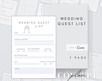 Lista de invitados de boda imprimible / Planificador de invitaciones de boda Canva / Páginas de planificación de boda digital / Diario de invitados de boda editable RSVP