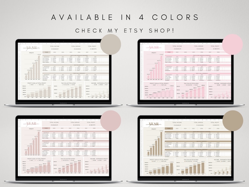 May include: Four screenshots of a laptop screen displaying a spreadsheet template for tracking business finances. The spreadsheet is available in four color schemes: beige, pink, beige, and pink. The text "AVAILABLE IN 4 COLORS" and "CHECK MY ETSY SHOP!" is displayed at the top of the image.