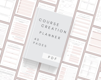 Puede incluir: Un planificador de creación de cursos de 40 páginas, en formato PDF. La portada es de color gris claro con el título en negro. Alrededor del planificador hay varias hojas de trabajo con texto rosa y negro, incluyendo "Sales Page Builder" y "Transformation".