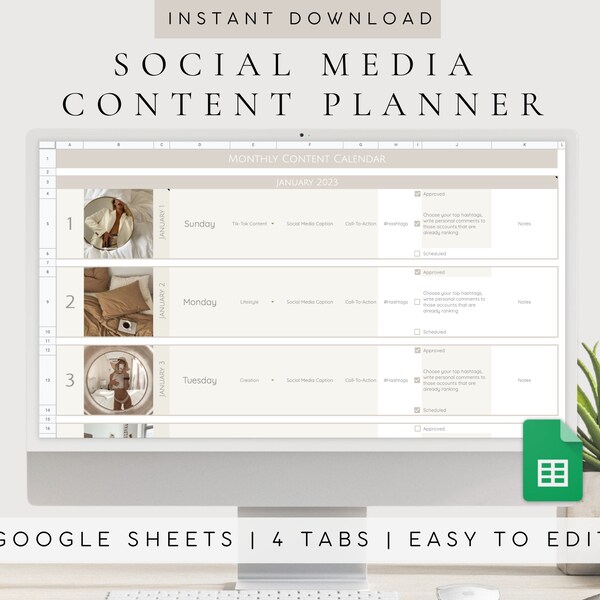 Social Media Content Calendar | Content Planner Template Google Sheets | Monthly | Social Media Marketing Planner| Digital Planner 2023 2024