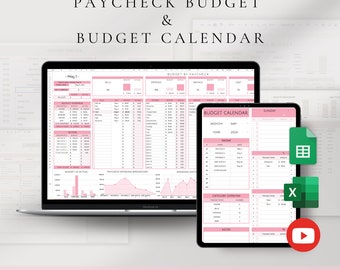 Puede incluir: Un portátil y una tableta muestran una hoja de cálculo y un calendario de presupuesto en rosa y blanco. El texto "PAYCHECK BUDGET & BUDGET CALENDAR" está en la parte superior. La imagen incluye el texto "GOOGLE SHEETS & MS EXCEL | 2 TABS | EASY TO EDIT".