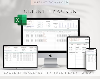 May include: A digital illustration of a computer screen, tablet, and smartphone displaying a spreadsheet with the text "CLIENT TRACKER" and "EXCEL SPREADSHEET | 4 TABS | EASY TO EDIT".