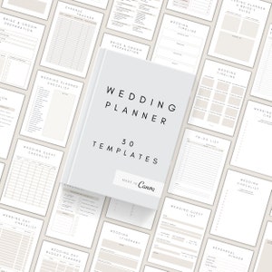 Peut inclure: Un ensemble de 30 modèles de planificateur de mariage imprimables dans un style minimaliste avec un fond gris clair et du texte noir. Les modèles comprennent des listes de contrôle, des chronologies, des budgets et des listes d'invités. Le texte "Wedding Planner 30 Templates Made in Canva" est affiché sur la couverture.