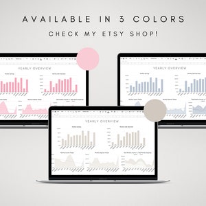 May include: Three screenshots of a laptop displaying a spreadsheet with a yearly overview of finances. The spreadsheet is shown in three different colour schemes: pink, blue, and grey.