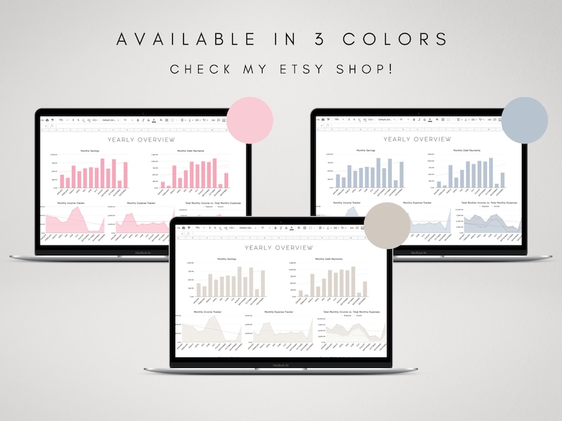 May include: Three screenshots of a laptop displaying a spreadsheet with a yearly overview of finances. The spreadsheet is shown in three different colour schemes: pink, blue, and grey.
