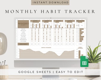 Monthly Habit Tracker Spreadsheet, Google Sheets Goal Planner (Digital Download)