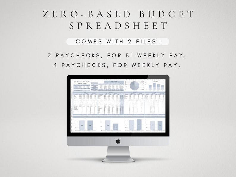 Op de afbeelding: Een computerscherm waarop een spreadsheet wordt weergegeven met de titel "Maandelijks budget" met een cirkeldiagram en staafdiagrammen. De tekst "ZERO-BASED BUDGET SPREADSHEET" wordt boven het computerscherm weergegeven. De tekst "COMES WITH 2 FILES: 2 PAYCHECKS, FOR BI-WEEKLY PAY. 4 PAYCHECKS, FOR WEEKLY PAY." wordt onder het computerscherm weergegeven.