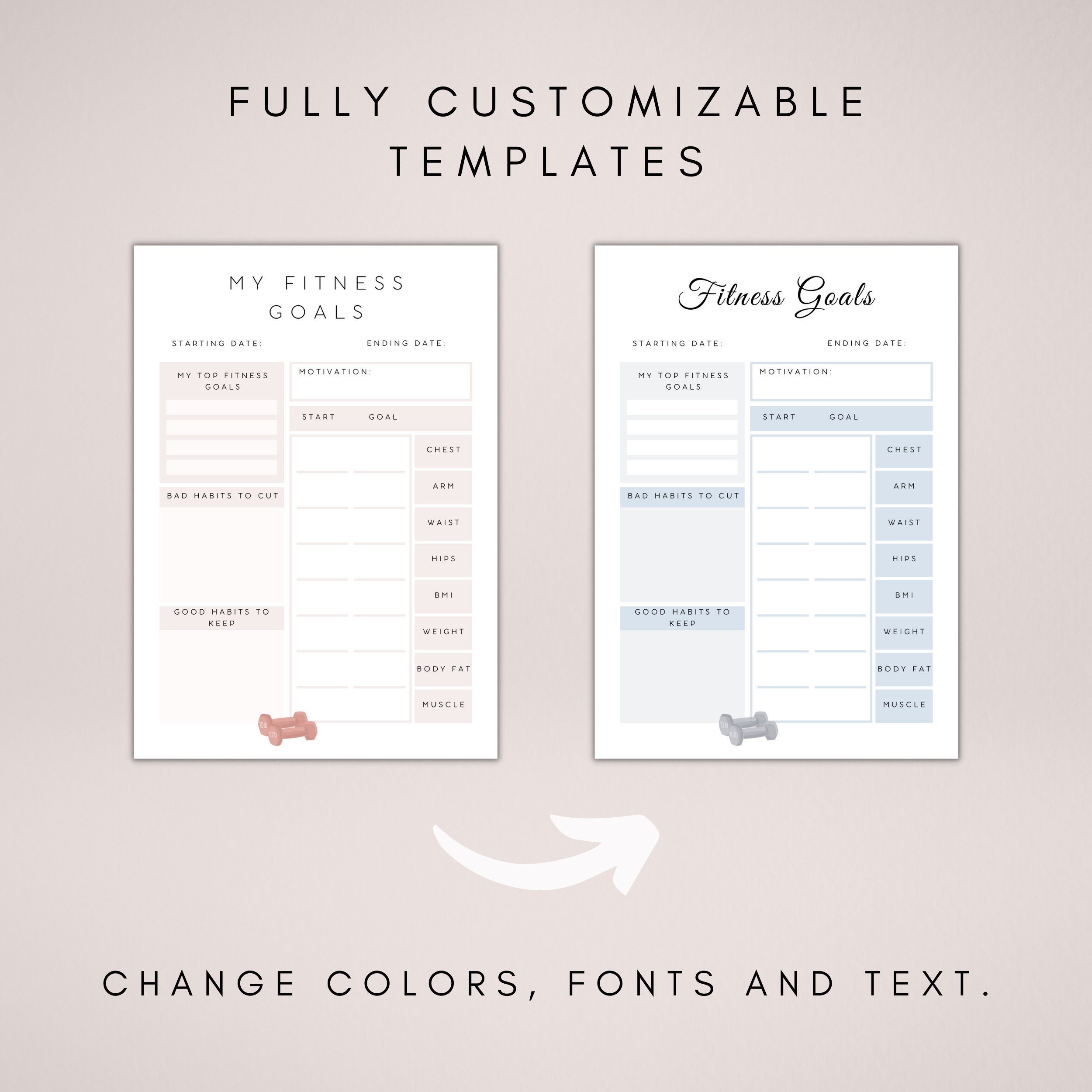 Fitness Planner Printable | Digital Weight Loss Journal | Editable ...