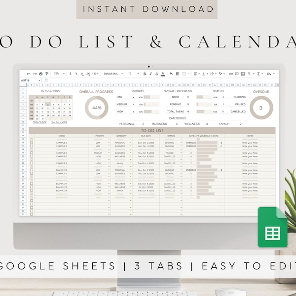 To Do List Template | Google Sheets Template | Calendar Planner 2023 2024 | Digital Task Tracker | Task Planner Spreadsheet |Monthly Planner