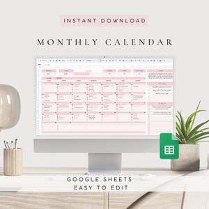 Può includere: Un monitor di computer che mostra un modello di calendario mensile digitale in tonalità rosa e bianco. Lo schermo presenta un layout a griglia con etichette di testo per date e attività. È visibile il testo INSTANT DOWNLOAD, MONTHLY CALENDAR e GOOGLE SHEETS EASY TO EDIT.