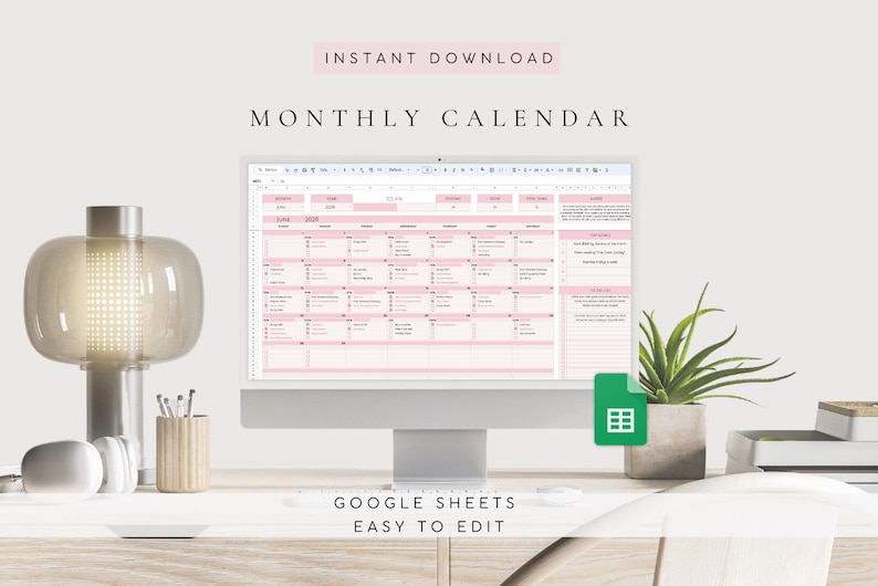 May include: A computer monitor displaying a digital monthly calendar template in shades of pink and white. The screen shows a grid layout with text labels for dates and tasks. The text INSTANT DOWNLOAD, MONTHLY CALENDAR, and GOOGLE SHEETS EASY TO EDIT appears.