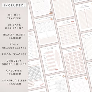May include: A set of printable planner pages for tracking weight, food, water, sleep, habits, and body measurements. The pages are designed with a minimalist aesthetic and feature a light pink background with black text.