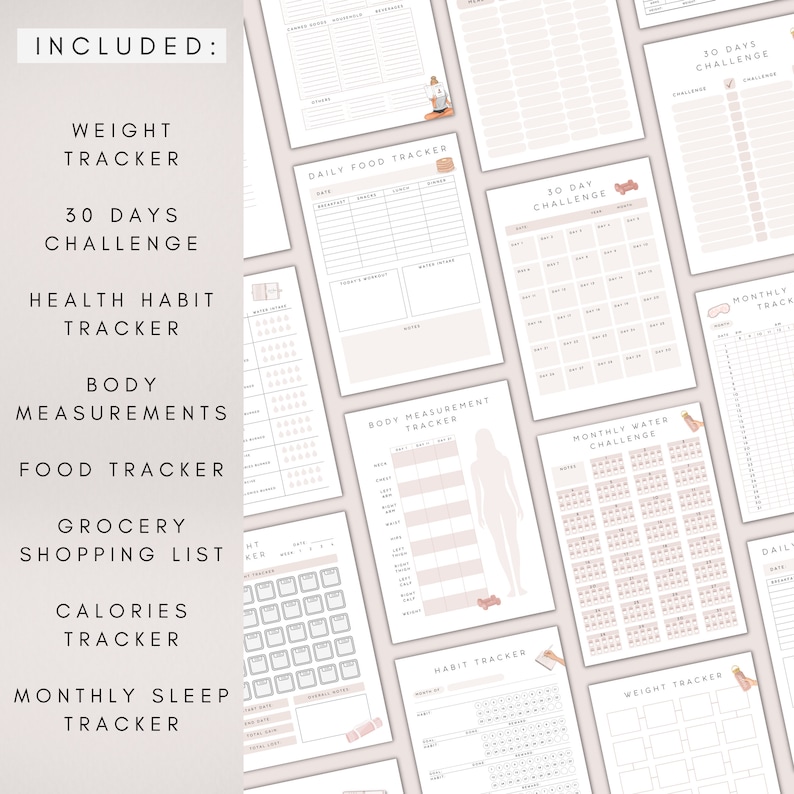 May include: A set of printable planner pages for tracking weight, food, water, sleep, habits, and body measurements. The pages are designed with a minimalist aesthetic and feature a light pink background with black text.
