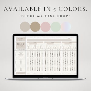 May include: A laptop screen displaying a digital daily planner with a calendar for October 2023. The planner includes a section for daily habits and a calendar grid with checkboxes for tracking progress. The text "AVAILABLE IN 5 COLORS. CHECK MY ETSY SHOP!" is displayed at the top of the screen.