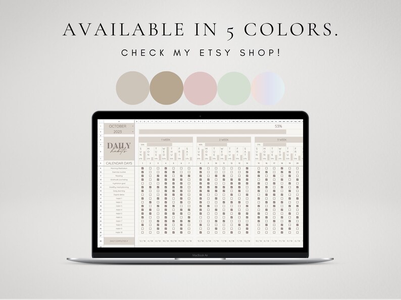 May include: A laptop screen displaying a digital daily planner with a calendar for October 2023. The planner includes a section for daily habits and a calendar grid with checkboxes for tracking progress. The text "AVAILABLE IN 5 COLORS. CHECK MY ETSY SHOP!" is displayed at the top of the screen.