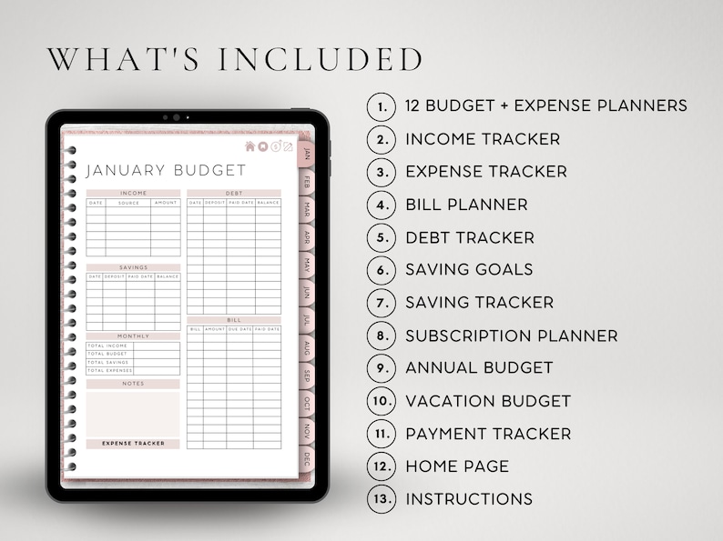 Op de afbeelding: Een digitale tablet met een budgetplannerpagina voor januari met secties voor inkomen, spaargeld en schulden. Rechts staat een genummerde lijst met de inbegrepen items: 12 budget- en uitgavenplanners, inkomsten-, uitgaven- en schuldentrackers, factuur- en abonnementsplanners, spaardoelen, jaar- en vakantiebudgetten, betalingstracker, startpagina en instructies.