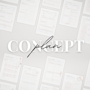 May include: A collection of printable self-care planner pages with the word "CONCEPT plan" in large white letters on a gray background.
