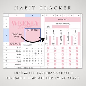 Puede incluir: Una plantilla de hoja de c&aacute;lculo digital para seguimiento de h&aacute;bitos con detalles en rosa. La interfaz muestra una lista de h&aacute;bitos semanales, un gr&aacute;fico de progreso para enero y febrero, y una ventana de calendario para febrero 2024. El texto incluye HABIT TRACKER, WEEKLY, STARTING DATE, JAN 01, 2023, AUTOMATED CALENDAR UPDATE y RE-USABLE TEMPLATE FOR EVERY YEAR.